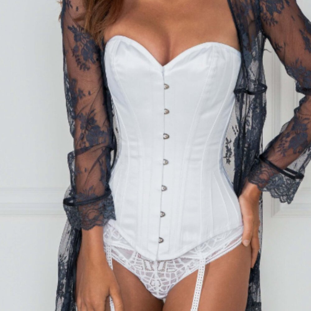 Corset Story Longline White Satin Steel Boned Overbust Corset size S M NWOT